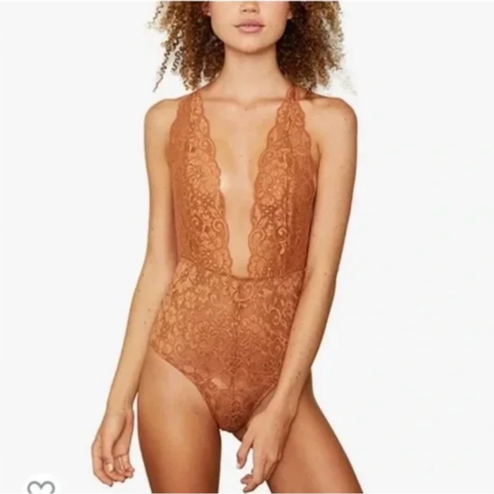 Free People We Are Hah Comin' in HAHT Lace Bodysuit in Brown Sugar